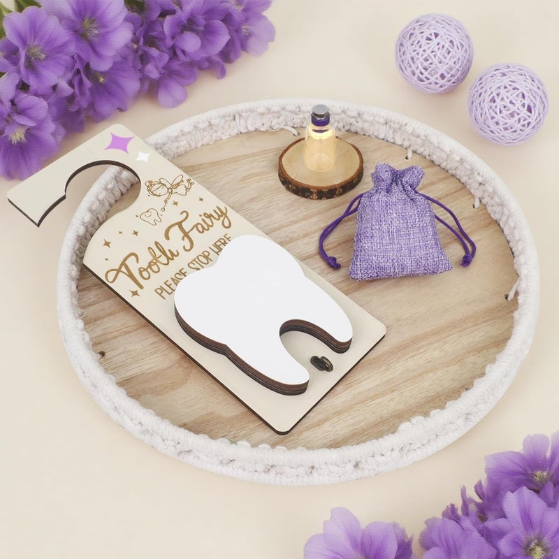 AINBIN Tooth Fairy Door Hanger with Money Slot Keepsake Bottle Burlap Pouch & Upgrade Night Light, Cute Wooden Tooth Fairy Holder Kit for Lost Teeth Kids Children Boys Girls Encourage Gift (Purple) - Image 4